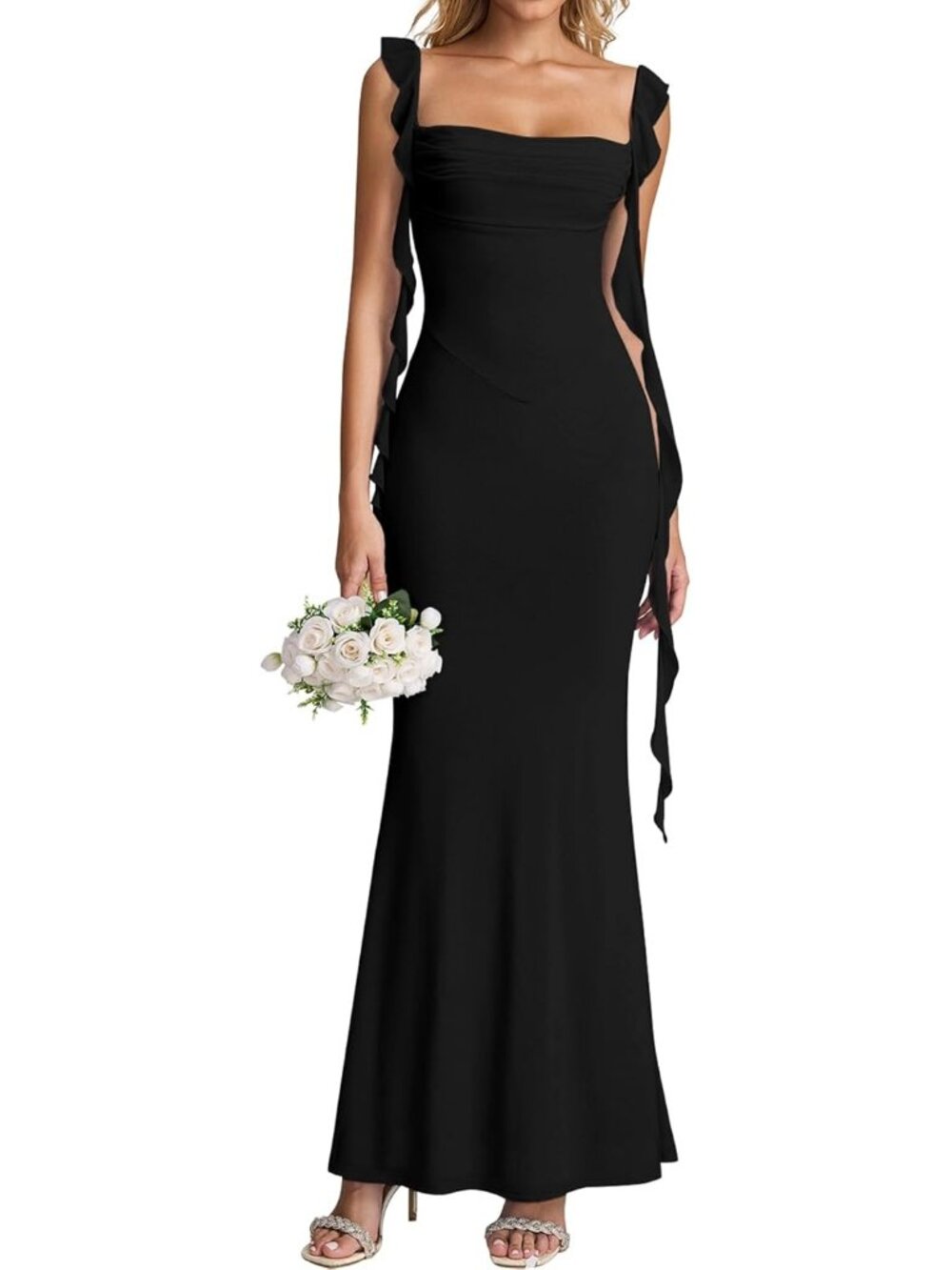 Women's Black Boat Neck Elegant Ruffle Bodycon Formal Cocktail Maxi Dress